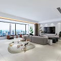 Modern Living and Dining Room with Large Windows City View Sofa TV and Plants