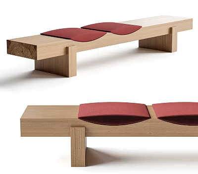 Modern Wooden Bench With Red Cushioned Seats And Simple Home Furniture Design 3d model