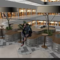 Public Chairs In Mall Interior With Umbrella Structures Plants And Tiled Floor