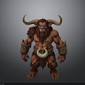 Mythical Red Skinned Monster With Large Horns Muscular Build Fur Armor Bracers And Crescent Pendant