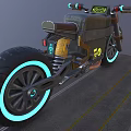 Futuristic Cyberpunk Motorcycle With Neon Wheels Blue Handlebars Yellow Stickers And Copper Exhaust