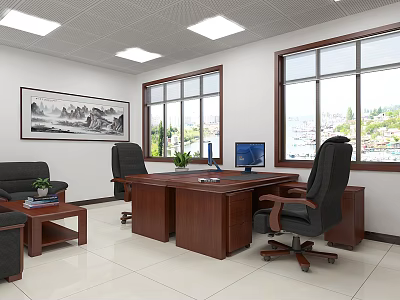Bright Modern Office Interior Design With Wooden Desk Ergonomic Chairs Large Windows And Landscape Painting 3d model