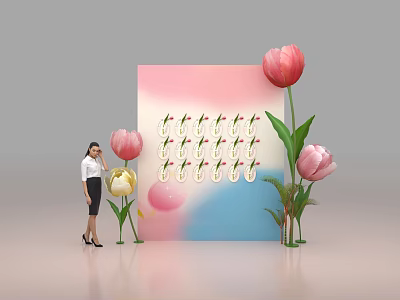 Elegant Floral Display With Large Pink Yellow Flowers Backdrop And Balloons 3d model