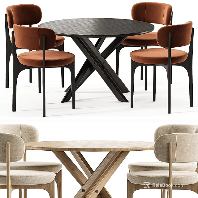 Modern Dining Table Set with Black and Light Wood Tables Brown Velvet and Beige Chairs 3d model 