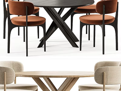 Modern Dining Table Set with Black and Light Wood Tables Brown Velvet and Beige Chairs 3d model