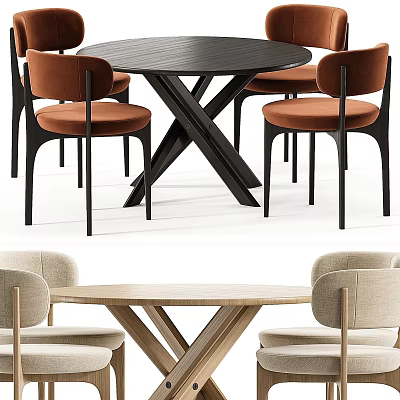 Modern Dining Table Set with Black and Light Wood Tables Brown Velvet and Beige Chairs 3d model