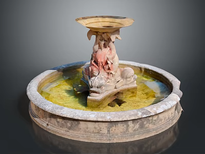 Classical Stone Fountain With Circular Base And Ornate Carved Pillar Topped With Shallow Basin 3d model