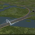 Modern Cable Stayed Bridge Spanning Lake With Green Landscaped Areas And Curved Roadways