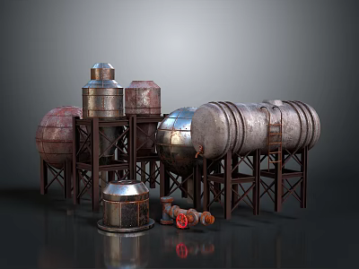 Industrial Storage Tanks And Metal Barrels With Steel Frames And Pipes 3d model