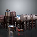 Industrial Storage Tanks And Metal Barrels With Steel Frames And Pipes