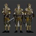 Game Movie Character Wearing Gold and Brown Armor Holding Weapons in Three Standing Poses