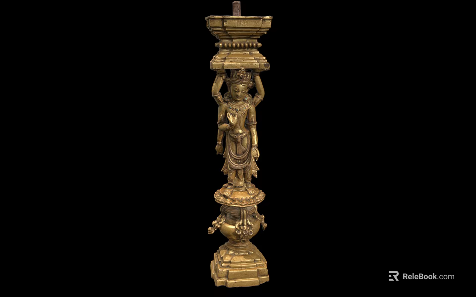 Golden Brass Sculpture Carving With Intricate Figure And Multi Tiered Pillar Design 3d model 