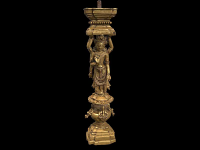 Golden Brass Sculpture Carving With Intricate Figure And Multi Tiered Pillar Design 3d model