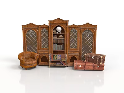 Classic Architectural Interior with Ornate Wooden Bookcase Leather Chair and Vintage Trunks 3d model