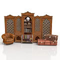 Classic Architectural Interior with Ornate Wooden Bookcase Leather Chair and Vintage Trunks