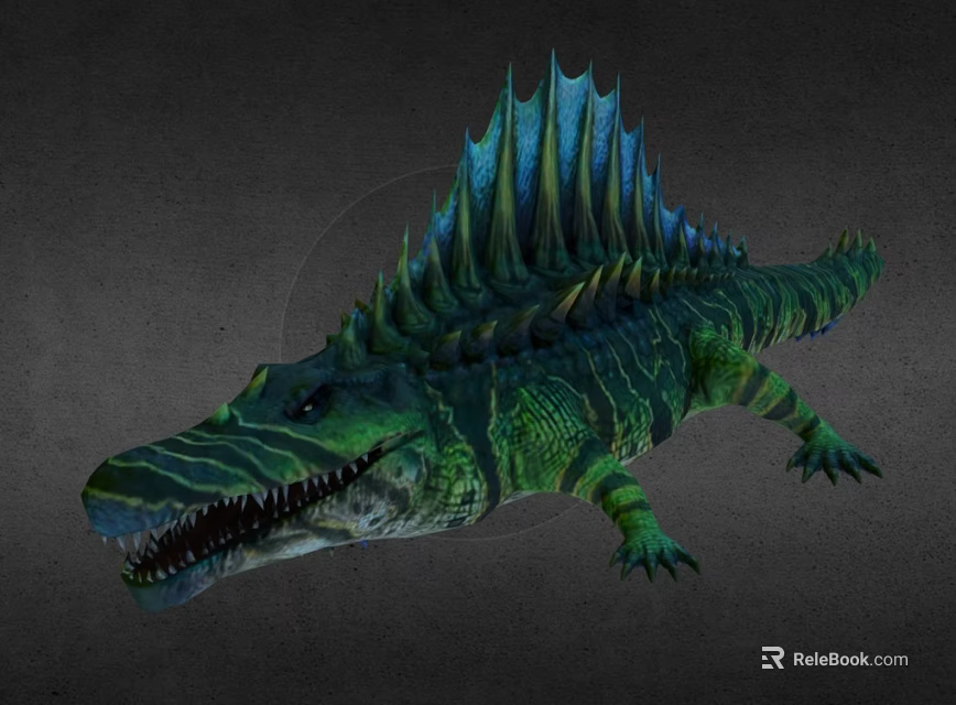Fantasy Green Blue Scaled Crocodile Creature With Dorsal Spiked Fins Open Mouth Sharp Teeth 3d model 