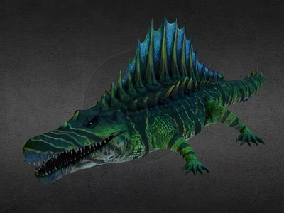 Fantasy Green Blue Scaled Crocodile Creature With Dorsal Spiked Fins Open Mouth Sharp Teeth 3d model