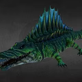 Fantasy Green Blue Scaled Crocodile Creature With Dorsal Spiked Fins Open Mouth Sharp Teeth