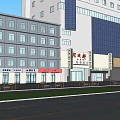 Vibrant Commercial Street With Modern Multi Story Buildings Red Signs Trees And Pedestrians