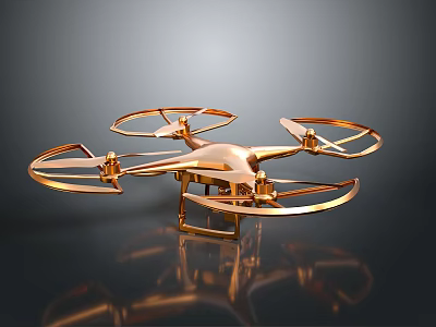 Golden Drone With Four Propellers Metallic Design Shiny Surface On Reflective Background 3d model