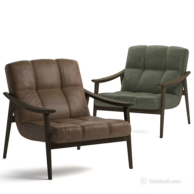 Modern Leisure Chairs With Brown Leather Green Fabric And Wooden Frame 3d model 