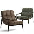 Modern Leisure Chairs With Brown Leather Green Fabric And Wooden Frame