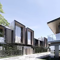 Modern Townhouse Exterior Design With Glass Windows Black And Wooden Facade And Green Trees