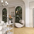 Elegant Living Room Interior With Arched Glass Door Green Cabinets Beige Sofa Armchair And Chandelier