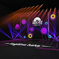 Music Stage with Orange Purple Lights and Colorful Circles on Mesh Background and Neon Lines