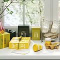Decorative Ornament Set on Window Sill with Colorful Gift Boxes Teacups Plates and Green Plants