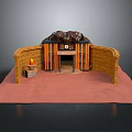 Rustic Scenic Landscape With Stone Walls Fireplace Orange Accents And Red Ground
