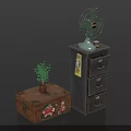 Vintage Furniture Collection With Wooden Chest Drawer Cabinet Potted Plant And Vintage Fan