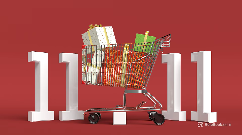Shopping Cart Filled With Gifts On Red Background For 111 Online Sale 3d model 