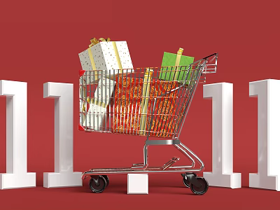 Shopping Cart Filled With Gifts On Red Background For 111 Online Sale 3d model