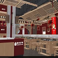 Traditional Chinese Hotpot Restaurant Interior With Red Decor Wooden Tables And Hanging Lanterns