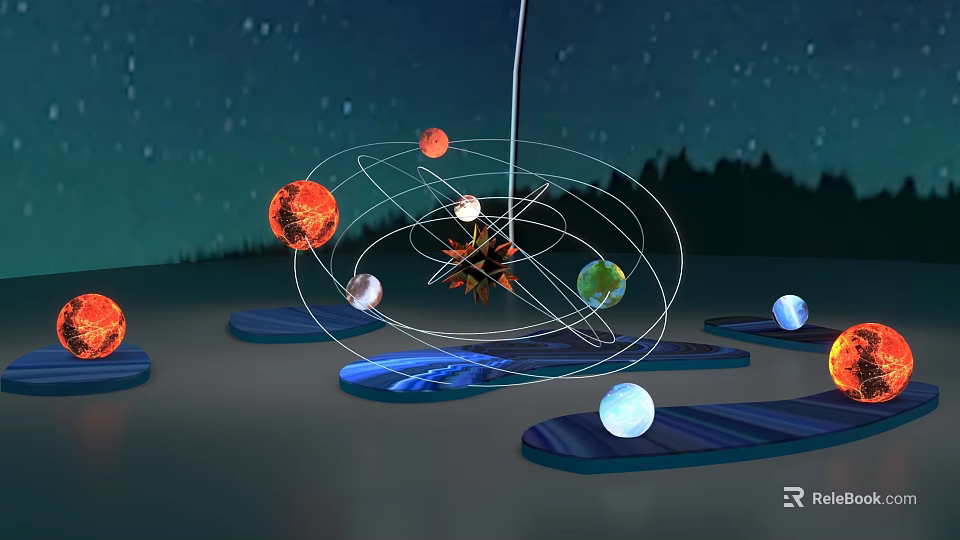 Detailed Solar System Model With Planets Orbits And Starry Night Background 3d model 