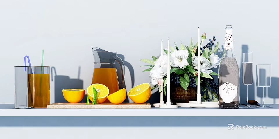 Elegant Decorative Ornament Set With Fresh Oranges Glass Pitcher White Flowers And Tall Candles 3d model 