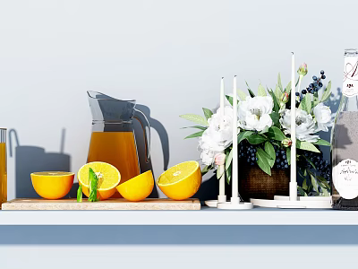 Elegant Decorative Ornament Set With Fresh Oranges Glass Pitcher White Flowers And Tall Candles 3d model