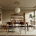 Modern Restaurant Interior Design With Wooden Dining Table Chairs Round Pendant Light Bookshelf And Indoor Plant