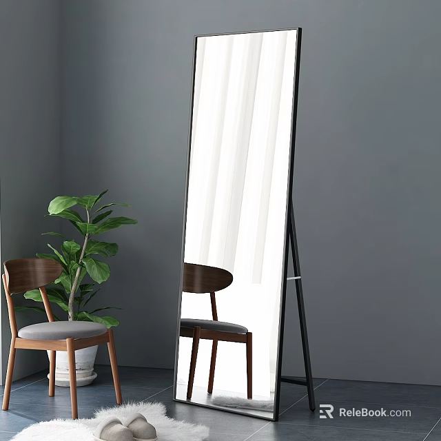 Standing Floor Mirror in Grey Wall Room With White Curtain Green Plant and Wooden Chair 3d model 