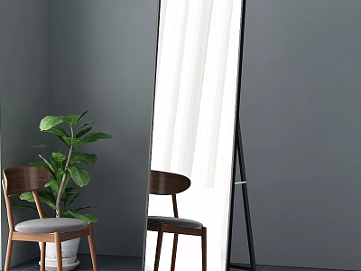 Standing Floor Mirror in Grey Wall Room With White Curtain Green Plant and Wooden Chair 3d model