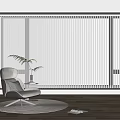 Modern Interior With Window Dividers Vertical Slats Gray Chair Round Rug And Blue Sky View