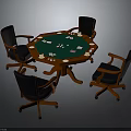 Round Wooden Game Table With Poker Cards Chips And Wheeled Black Chairs
