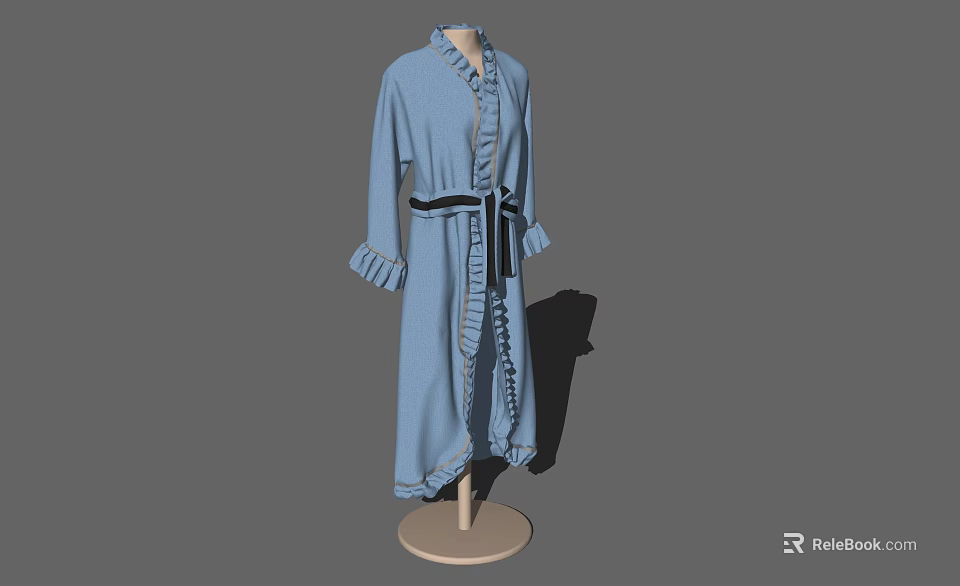 Mannequin Wearing Blue Long Robe With Black Belt And Ruffled Cuffs 3d model 