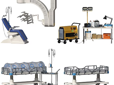 Essential Medical Devices Including Dental Chair Mobile Medical Cart IV Stand And Hospital Beds 3d model