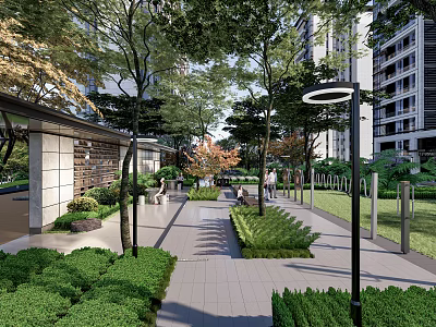 Modern Residential Landscape With Well Maintained Greenery Tree Lined Walkway And Street Lamps 3d model