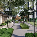 Modern Residential Landscape With Well Maintained Greenery Tree Lined Walkway And Street Lamps
