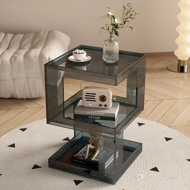 Transparent Acrylic Side Table with Multi Tier Vase Green Plants Coffee Cup Near White Sofa 3d model 