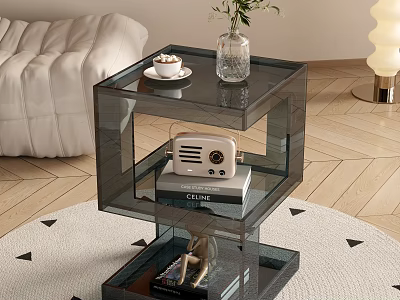 Transparent Acrylic Side Table with Multi Tier Vase Green Plants Coffee Cup Near White Sofa 3d model