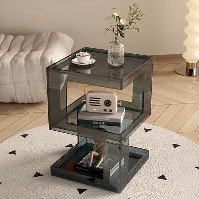 Transparent Acrylic Side Table with Multi Tier Vase Green Plants Coffee Cup Near White Sofa 3d model